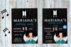 two birthday party flyers with music notes on them