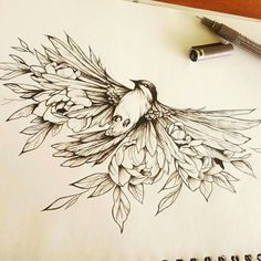 a drawing of a bird with flowers on it