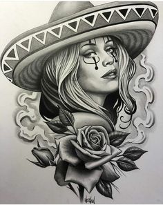 a drawing of a woman wearing a sombrero with a rose in her hand