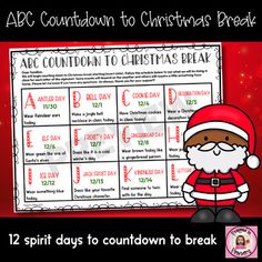 a christmas break calendar with santa clause on it and the words abcc countdown to christmas break