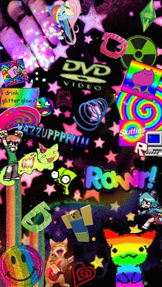 an assortment of colorful stickers and decals on a black background with rainbow colors