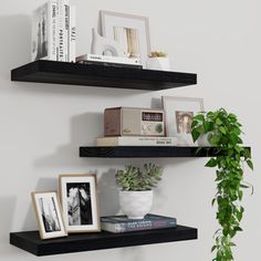 Enhance your home decor with our rustic floating shelves, crafted from real wood for a charming aged look. This versatile set of three wall-mounted shelves is perfect for organizing and displaying your favorite items in the living room, kitchen, bathroom, or office. Latitude Run® Color/Finish: Black | Latitude Run® Rustic Floating Shelves - Set Of 3 Wall Mounted Storage & Display Shelves For Any Room brown, Wood in Black | 17.01" W | Wayfair Simple Floating Shelf Decor, Office Shelving Ideas, Office Shelves, Wood Organization, Floating Shelf Decor, Office Shelving, Room Brown, Wall Mounted Storage, Office Shelf