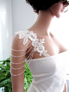 Bridal Gown Shoulder Straps Beaded Boho Wedding Dress | Etsy Fitted Embellished Lace For Wedding, Elegant Wedding Lace With Pearl Embroidery, Elegant Pearl Embroidered Lace For Wedding, Elegant Beaded Lace Bridal Accessories, Elegant Beaded Lace For Wedding, Elegant Embellished Lace Bridal Accessories, Elegant Silver Lace For Wedding, Elegant Beaded White Wedding Dress, Wedding Dress Accessories Jewelry