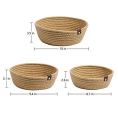 three sizes of baskets with measurements for each basket and the same size as shown above