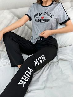 Letter Print Short Sleeve T-Shirt And Pants Pajamas Set Sports Light Grey Casual-Woman  Short Sleeve Knitted Fabric Letter Pant Sets Medium Stretch All Women Sleep & Lounge, size features are:Bust: ,Length: ,Sleeve Length: Cotton Athleisure Sleepwear For Leisure, Black Graphic Print Sleepwear For Loungewear, Athleisure T-shirt With Letter Print For Loungewear, Relaxed Fit Activewear With Letter Print For Loungewear, Casual Stretch Sleepwear With Letter Print, Cotton Short Sleeve Sleepwear For Leisure, Letter Print Sportswear For Loungewear, Sportswear Loungewear Sets With Crew Neck, Letter Print Activewear For Sports