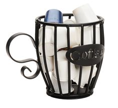 a coffee cup filled with white cups and saucers in a black metal mug holder