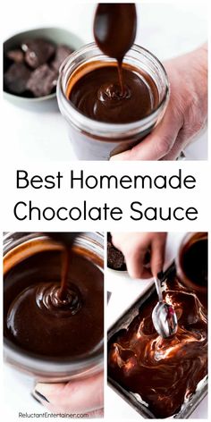 homemade chocolate sauce being poured into a glass jar with spoons in it and the words best homemade chocolate sauce on top