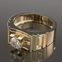 a gold ring with a diamond in the center on a reflective surface is seen here