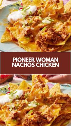 two plates filled with nachos covered in meat and cheese on top of each other