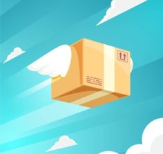 a box flying through the air with clouds in the background