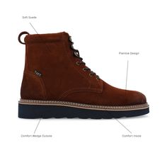 Introducing the M006 by Taft 365, a classic casual lace-up boot you can wear on repeat. These boots have a round-toe design and a cushioned insole for a comfortable step. Made from genuine leather, they come with an extra insole that you can customize to get the perfect fit. These boots are versatile but bold with cool contrasting color details and a rubber wedge heel. Business Lace-up Chukka Boots With Stitched Sole, Luxury Lace-up Chukka Boots With Textured Sole, Casual Lace-up Chukka Boots With Stitched Sole, Outdoor Lace-up Chukka Boots With Leather Sole, Masculine Lace-up Chukka Boots With Leather Sole, Men Model, Casual Lace, On Repeat, Toe Designs