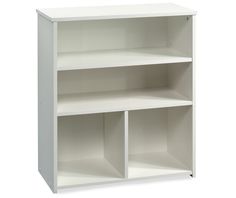 a white bookcase with two open shelves on each side and one closed shelf at the top