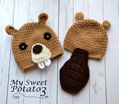 two crocheted bear hats and a brown teddy bear hat