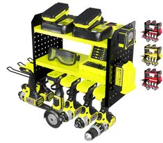 a yellow and black tool cart with tools on it's sides, including drillers