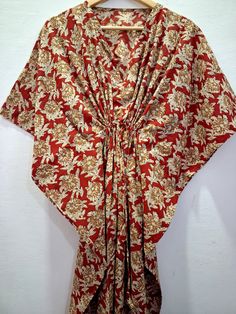 Red Beige Floral Print Kaftan Maxi Dress,Gown,Loungewear,Beach Cover Up,Long Caftan,Bridesmaid gift, gift for her,Hand Block Print Kaftan   We give free shipping on the purchase of 130 usd or more on all our products ..Coupon code is   FREESHIPPING   This kaftan is made of pure soft cotton fabric which is lightweight and flowy..The floral pattern is done by hand block printing process  by skilled artisans of Rajasthan using wooden hand carved blocks  Dyes used to print this fabric is natural veg Red Floral Print Kimono For The Beach, Red Maxi Kimono For Vacation, Red Maxi-length Kimono For Vacation, Red V-neck Kaftan For The Beach, Red V-neck Sleepwear For Beach, Red Floral Print Tunic Kaftan, Red Floral Print Kaftan With Kimono Sleeves, Red Kimono Sleeve Beach Dress, Red Floral Print Kaftan For Festival