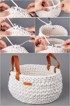 instructions to crochet a basket with leather handles