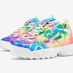 New Fila Disruptor Ii Tie Dye Sneakers. Never Worn. When Taking Pics I Notice A Little Spot On The Heel Which You Can See In The 2nd Pic- Came From The Store This Way. Rainbow Sporty Sneakers For Summer, Sporty Rainbow Sneakers For Summer, Rainbow Casual Sneakers For Spring, Rainbow Colored Sporty Sneakers For Spring, Colorful Synthetic Sneakers For Spring, Colorful Synthetic Spring Sneakers, Pink Tennis Shoes, Rainbow Sneakers, Sneakers Multicolor