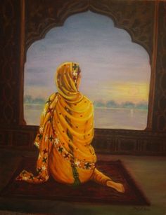 a painting of a person sitting on a rug