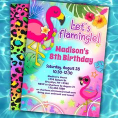 a pink flamingo birthday party card on top of a blue pool with water and palm leaves