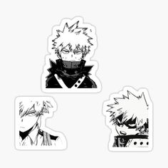 three stickers with different anime characters in black and white on the same sheet, one is