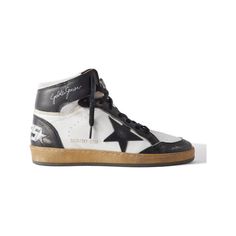 Golden Goose's 'Sky Star' high-top sneakers take cues from '80s basketball styles, the scripted brand name on the collar is reminiscent of an autograph. They've been made in Italy from distressed leather and feature signature suede star appliqués on the sides. Sporty Sneakers With Star Logo For Streetwear, Sporty Streetwear Sneakers With Star Logo, Leather Sneakers With Star Logo For Streetwear, Vintage Leather High-top Sneakers With White Sole, Casual High-top Sneakers With Star Logo, Vintage Leather High-top Basketball Shoes, Golden Goose Sky Star, 80s Basketball, Leather High Tops