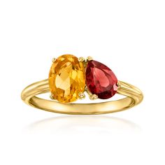 Ross-Simons - 1.10ct Citrine, .90ct Garnet Toi et Moi Ring Over Sterling. Size 7. French for "you and me," Toi et Moi rings are a unique way to celebrate a special relationship in your life. Wear our on-trend, two-stone designs as a sentimental symbol of romance, friendship, family - or simply treat yourself to double the sparkle! This fiery statement features a 1.10 carat oval citrine shimmering beside a .90 carat pear-shaped garnet. Crafted in polished 18kt yellow gold over sterling silver. 1/ Garnet Birthstone, Citrine Stone, Yellow Stone, Ring Pictures, Timeless Jewelry, Stone Design, Stone Cuts, Buy 1, Pear Shaped