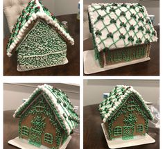 four pictures of a gingerbread house with icing on it