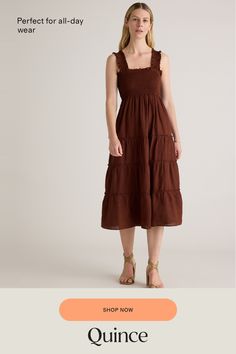 Looking for an effortlessly stylish and comfortable dress that's also sustainable? Our 100% European Linen Smocked Midi Dress has got you covered. Crafted from high-quality linen sourced from Europe, this dress is not only luxurious but also eco-friendly. The smocked design at the bust and waist flatters your figure while offering a relaxed fit that's perfect for all-day wear. And with its midi length, it exudes an air of casual elegance that's perfect for any occasion.  | Quince | Women's 100% European Linen Smocked Midi Dress in Chocolate, Size XS Linen Smocked Dress For Daywear, Casual Linen Midi Dress With Smocked Back, Casual Smocked Linen Dress With Ruched Detail, Casual Linen Smocked Dress With Smocked Back, European Linens, Linen Women, Comfortable Dress, Casual Elegance, Dress 100