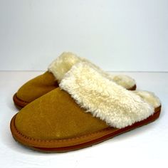 New With Tag. Genuine Suede Uppers, Faux Fur Lined. Brown Suede Indoor Slippers, Casual Closed Toe Slippers With Plush Lining, Suede Slippers With Plush Lining And Round Toe, Brown Plush Lined Slippers For Indoor, Casual Slippers With Faux Fur Lining, Brown Plush Lined Indoor Slippers, Winter Brown Slippers With Soft Sole, Brown Slippers With Suede Lining And Round Toe, Brown Round Toe Slippers With Suede Lining