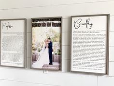 three framed photos hanging on the wall next to each other with wedding vows written in them