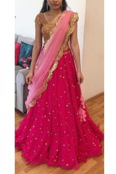 Buy Georgette Lehenga Choli In Pink Colour @ ninecolours.com. Free Shipping in India available! Off Saree Designs, Fancy Embroidery, Lehenga Saree Design, Simple Lehenga, Georgette Lehenga, Teal Blouse, Lehenga Blouse Designs