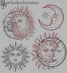 four sun and moon tattoos with different designs