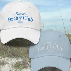 Celebrate your special bachelorette party with our Custom Embroidered "Bach Club" Hats! These stylish and personalized hats are perfect for adding a unique touch to your beachside celebration. Ensure you and your squad look fabulous while toasting to the bride-to-be's last days of singlehood️ Our custom hats are not just accessories; they're keepsakes that will remind you of your unforgettable "Last Toast on the Coast" bachelorette party. With personalized embroidery, each hat becomes a cherishe Boat Bachelorette Party, Club Bachelorette Party, Coastal Bachelorette, Club Bachelorette, Beach Bach, Bachelorette Party Hat, Bachelorette Decor, Bachelorette Beach, Nautical Bachelorette