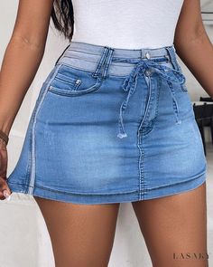 Lasaky - Chic Ripped Denim Skorts with Contrast Binding and Drawstring Detailing Trendy Denim Skort With Built-in Shorts, Ripped High-waist Mini Skirt In Medium Wash, Fitted Denim Mini Skirt With Ripped Detail, Denim Skort With Built-in Shorts, Denim Blue Cotton Skort, Short Length, Skort Style, Denim Skort, Denim Patchwork, Ripped Denim