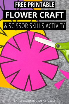 a pair of scissors cutting paper with the text free printable flower craft and scissor skills activity