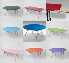 several different colored tables are shown with one being pointing at the table and another is holding it