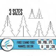 three sizes of trees with the text free stand tree mantel decor in blue and white