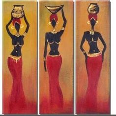 three paintings of a woman in red and black