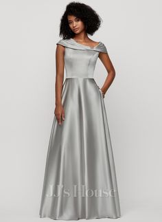 JJ's House Evening Dresses (209143) | JJ's House Satin A-line Gown With Pleated Bodice, Satin A-line Dress With Pleated Bodice, Satin V-neck Dress With Pleated Bodice, Satin A-line Dress With Box Pleat, Silver Satin Floor-length Evening Dress, Satin Evening Dresses, Floor Length, Evening Dresses, Satin