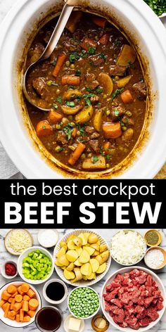 the best crockpot beef stew recipe is shown in this collage