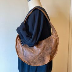 New, Never Used Original Melissa Irene Circular Hobo Shape Bag In Brown Genuine Leather That Has A Distressed Look. Medium Sized Purse With Zipper And Flap Over Top Of Bag & Outside Pocket. Self Lined. Distressed Brown Leather Shoulder Bag With Leather Handles, Textured Leather Hobo Bag For Everyday Use, Everyday Hobo Bag With Leather Handles, Everyday Distressed Brown Leather-lined Shoulder Bag, Everyday Textured Leather Hobo Bag, Everyday Textured Leather Satchel Hobo Bag, Textured Leather Satchel Hobo Bag For Everyday Use, Distressed Brown Bags With Leather Lining For Everyday Use, Everyday Hobo Bag With Leather Lining