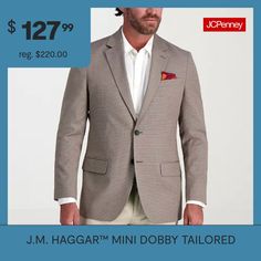 Discover timeless sophistication with the j. M. Haggar mini dobby tailored sport coat—an epitome of refined style and meticulous craftsmanship. Embrace the tailored fit that accentuates your silhouette, coupled with a 2-button closure and a classic notched lapel for a look that seamlessly merges modernity with tradition. The center back vent ensures both comfort and ease of movement, while the 4 sleeve buttons and hacking flap pockets add exquisite detailing to this sartorial masterpiece. Revel… Refined Style, Sport Coats, Sport Coat, Flap Pocket, The 4, Stretch Fabric, Fabric, Tweed Jacket