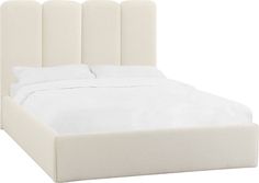 a bed with a white headboard and pillows on it's sides, in front of a white background