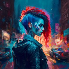 a painting of a woman with red hair and blue makeup on her face in the city