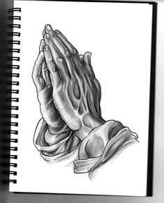 a black and white drawing of a praying person with his hands folded in the air