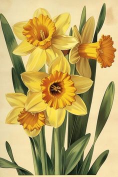 a painting of yellow daffodils with green leaves on the bottom and top