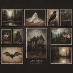 an assortment of halloween cards with images of houses and bats in the background, including a ghost