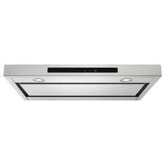 a stainless steel range hood with two lights on the front and one light on the back