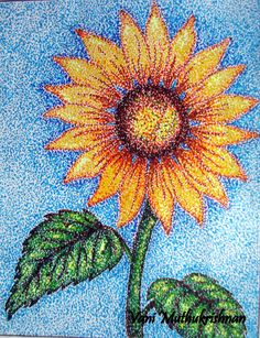 a drawing of a sunflower with green leaves and blue sky in the back ground