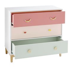 a white and pink dresser with two drawers on top of each drawer in front of a white background